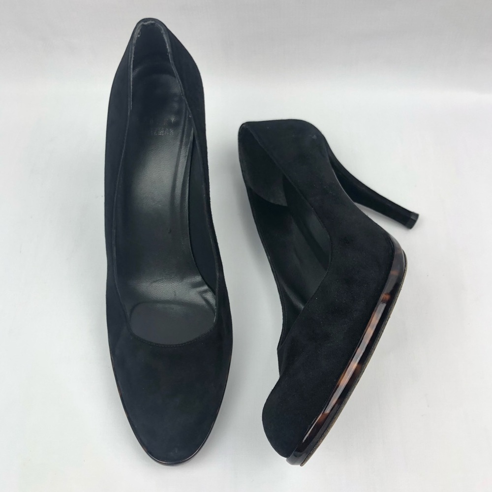 Stuart Weitzman Animal Wood Plate Suede Blk Pump 8